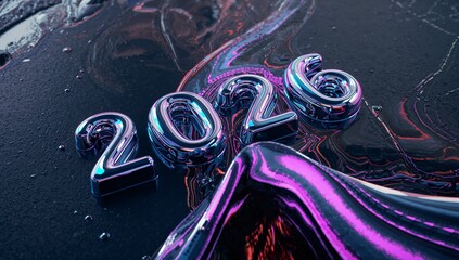 Shining chrome numerals '2026' reflecting cyan, magenta, purple on dark plane, with glossy mound