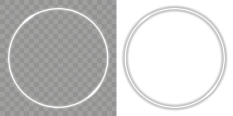 Glowing white neon circle with sparkle, twirl, and shimmer trail. Rotating shiny rings. Abstract white light speed lines neon rings glowing circles movement on black background vector illustration.