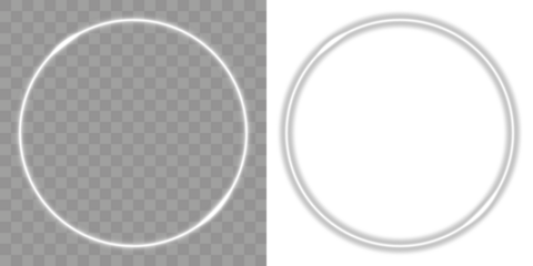 Glowing white neon circle with sparkle, twirl, and shimmer trail. Rotating shiny rings. Abstract white light speed lines neon rings glowing circles movement on black background vector illustration.