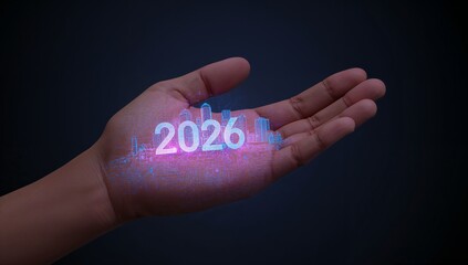 Holding right palm displaying glowing 2026 hologram in studio with city skyline, circuit particles
