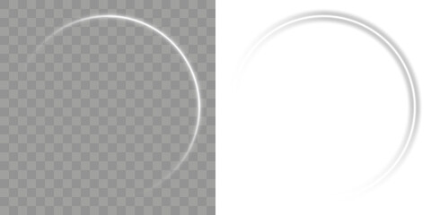 .White light effect. Abstract white light speed lines neon rings glowing circles movement on black background vector illustration. PNG. Rotating shiny rings. The effect of high-speed abstract lines. © Slava