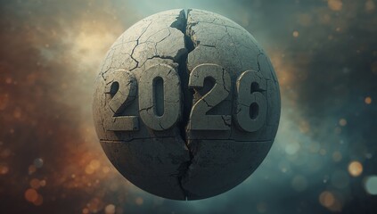 Floating cracked stone orb engraved 2026, showing fissure in cosmic backdrop, amber teal bokeh