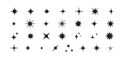 Set of black star icons sparkle and glow symbol collection on white background