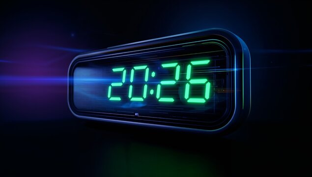 Glowing digital alarm clock displaying 20:26 in dark studio, with neon blue and purple accents