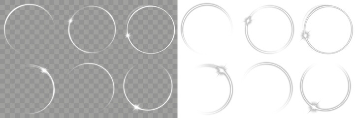 A vibrant, dynamic PNG perfect for futuristic banners, Christmas themes, or energetic abstract designs. PNG. Rotating shiny rings. Glowing white neon circle with sparkle, twirl, and shimmer trail. © Slava