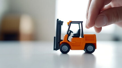 A miniature orange forklift is centered on a white surface, seemingly ready for a playful shift, while a hand hovers above, adding a sense of scale and interaction.