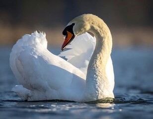 Graceful Mute Swan Preening Feathers on Calm Water.