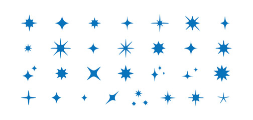Set of blue star icons sparkle and glow symbol collection on white background
