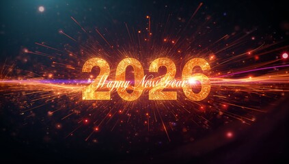 Glowing golden numerals 2026 dominating dark navy backdrop, with cursive Happy New Year and ribbon
