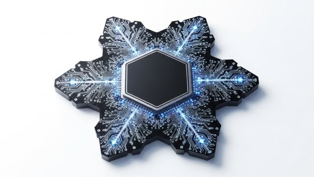 Abstract snowflake-shaped microchip with glowing blue circuits and a hexagonal core, symbolizing advanced technology and data processing. - Powered by Adobe