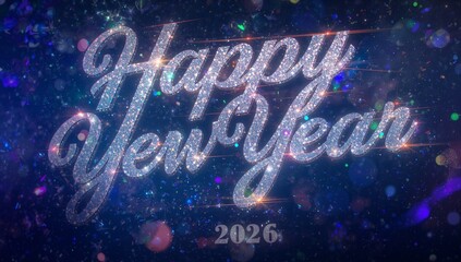 Shimmering glittery headline reading Happy New Year glowing over navy background, 2026, bokeh