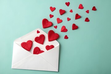 White Envelope Red Felt Hearts Teal Background
