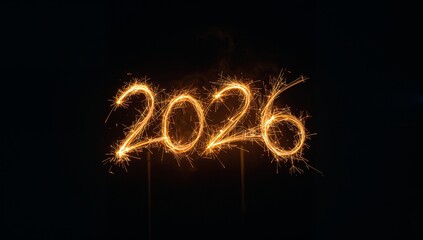 Tracing golden light forming numerals 2026 across dark background, with four thin sparklers, embers