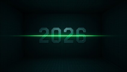Highlighting large metallic numerals 2026 glowing in dark tiled chamber, with green laser beam