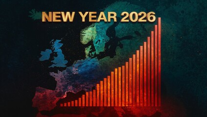 Rising bar chart right-side of poster, with gold NEW YEAR 2026 and Europe map, copy space