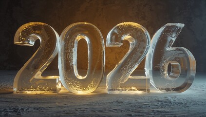 Glowing freestanding ice numerals 2026 emitting warm uplight in ice chamber, with frost and puddles