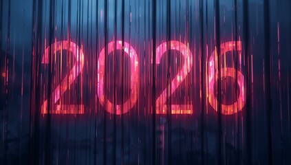 Glowing neon numerals 2026 shining through vertical streaks in reflective display, with bokeh haze