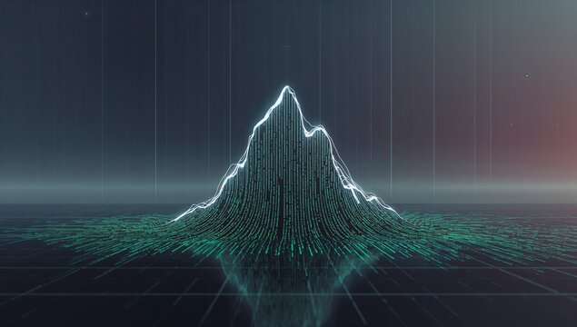 Streaming stylized data mountain rising on reflective grid floor, showing white neon contour - Powered by Adobe
