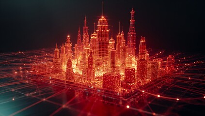 Rotating holographic wireframe city model rising above virtual grid plane, with glowing nodes
