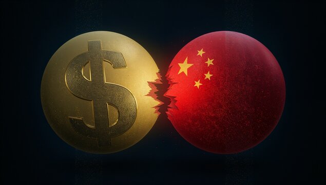 Colliding gold dollar-sign sphere striking red China-flag sphere in studio, sending shards and dust