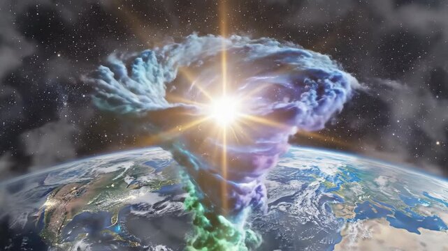 Abstract visualization of raw swirling atmospheric energy forming a perfect vortex over the illuminated curvature of the Earth seen from orbit science, gravity, wind