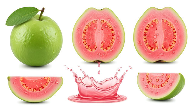 Fresh pink guava fruit set with splash and slices isolated on white background