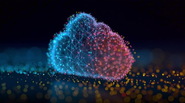 Cloud and edge computing technology data transfer concept. A large cloud icon is in the center. abstract code Interconnected polygons and multicolored dots on a dark blue background