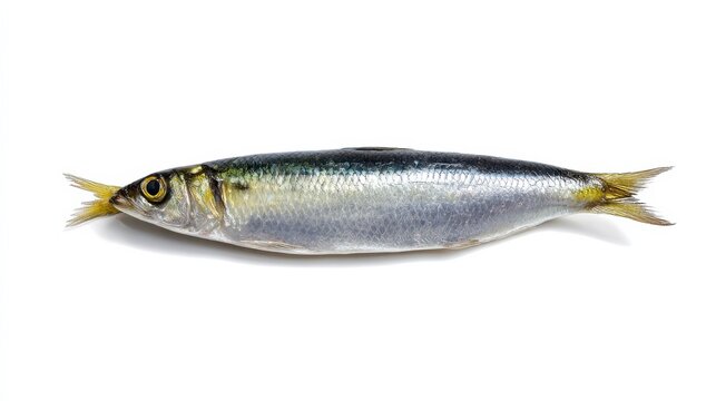 Fresh Sardine on White: A single, glistening sardine lies on a stark white background, its scales reflecting light, highlighting its natural beauty and freshness.