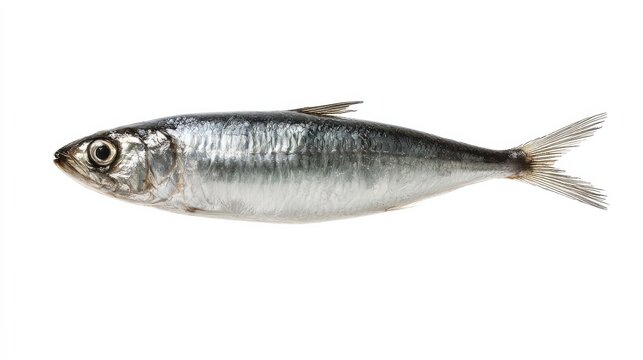 Sardine Fish on White Background: A single sardine fish, with its shimmering silver scales and sleek body, is presented in a clear studio shot.