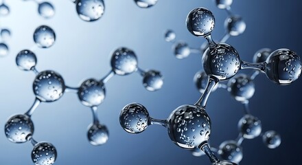 Molecular structure of silver balls on blue gradient background