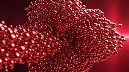 Abstract visualization of small red spheres rapidly flowing and clustering together against a pulsing scarlet gradient background loop template element, geometric, cascading - Powered by Adobe