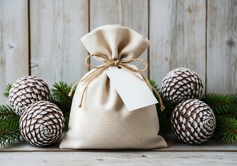A rustic burlap gift bag tied with twine and a blank tag, surrounded by pine cones and evergreen branches on a wooden background