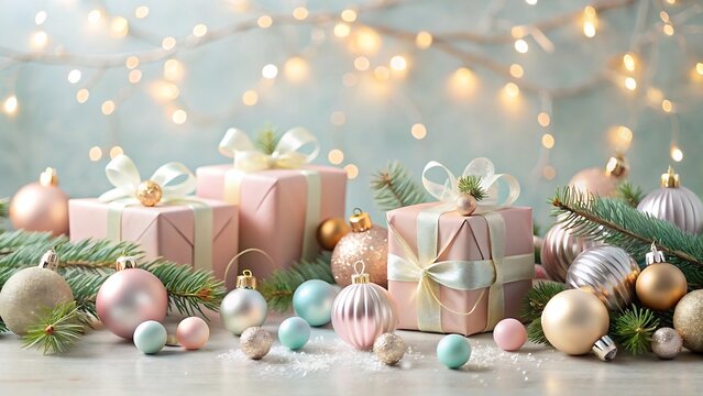 Christmas pastle ornaments and gifts, presents on light background