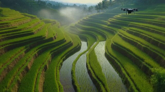 Aerial shot of drone flying over beautiful, misty green rice terraces and paddy fields at sunrise.