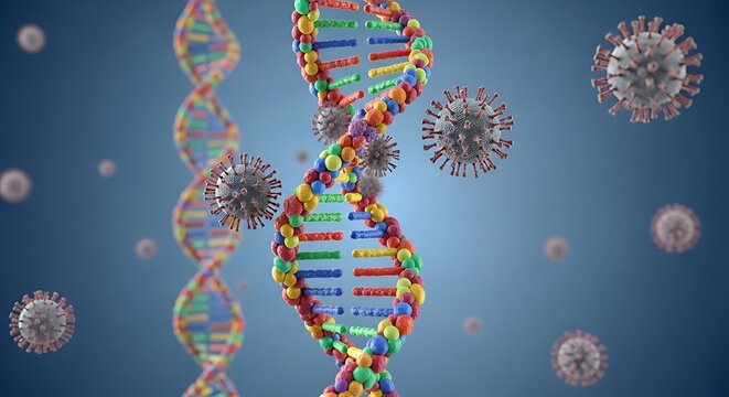 Colorful dna double helix with viruses on blue background - Powered by Adobe