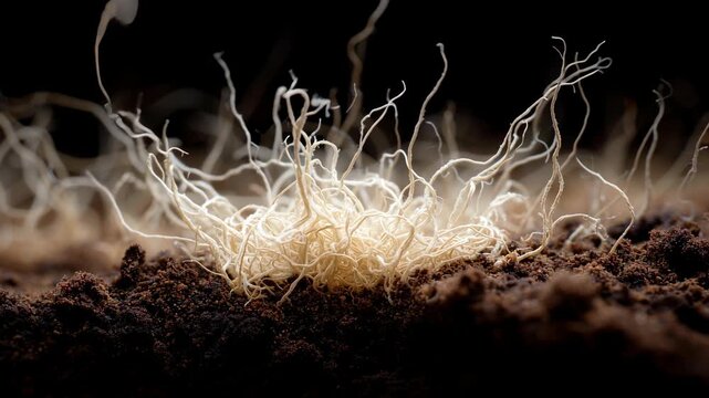 Mycelium network forms underground fungal web concept. Communication growing root system with distributing nutrients.