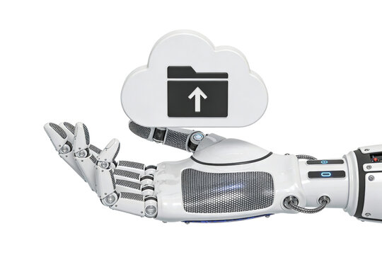 3d robotic hand presenting white cloud upload icon on transparent background, ideal for cloud computing visuals, data backup graphics, saas marketing materials and technology presentations.