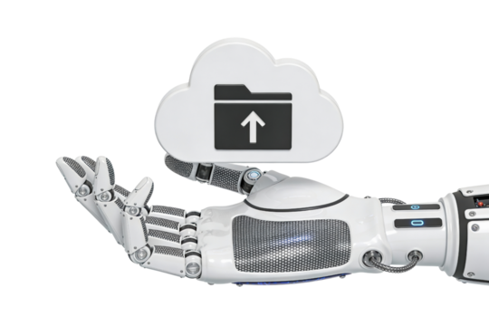 3d robotic hand presenting white cloud upload icon on transparent background, ideal for cloud computing visuals, data backup graphics, saas marketing materials and technology presentations. - Powered by Adobe