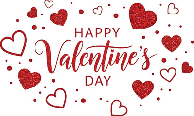 Happy Valentine's Day Greeting with Glitter Red Hearts and Confetti on White Background