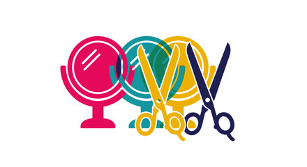 Colorful Mirrors and Scissors for Hairdressing and Beauty Salon.