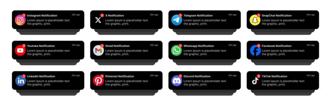 iOS notification mockup. WhatsApp, TikTok, Facebook, Instagram, YouTube & LinkedIn iOS notification UI mockup template. chat alerts, message UI mockup