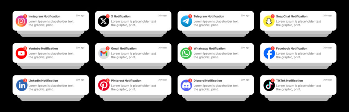 iOS notification mockup. WhatsApp, TikTok, Facebook, Instagram, YouTube & LinkedIn iOS notification UI mockup template. chat alerts, message UI mockup.