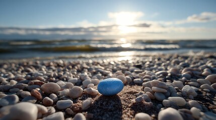 Obraz premium Close-up of colorful rock on a pebble beach with ocean waves and a bright sunset