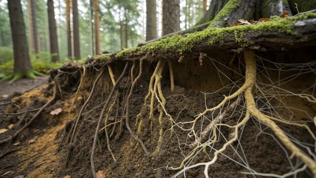 Mycelium network forms underground fungal web concept, showcasing intricate roots and mycelial connections in a forest environment.