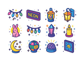 Fototapeta premium Colorful Lighting Icons. Decorative lighting. Colorful isometric
