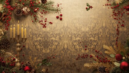 Glowing gold candelabrum holding seven lit tapers on damask wall, with pine sprigs, copy space