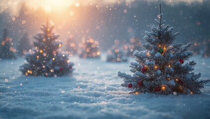 Glowing small evergreen tree wearing string lights and red baubles in snowy clearing, copy space