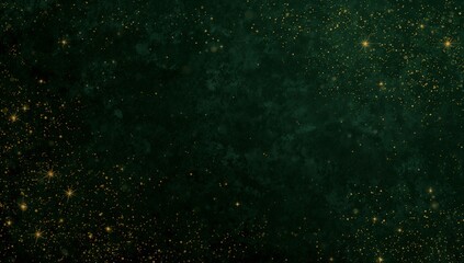 Shimmering dark emerald starfield filling frame, showing gold dust specks and twinkling stars
