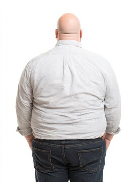 Bald Man with Overweight: A bald man seen from the back, wearing a light colored shirt and jeans, with his hands in his pockets, indicating a moment of contemplation or casual stance.