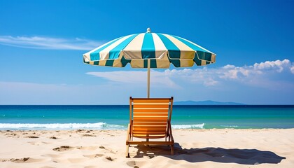 Beach lounge chair under striped umbrella